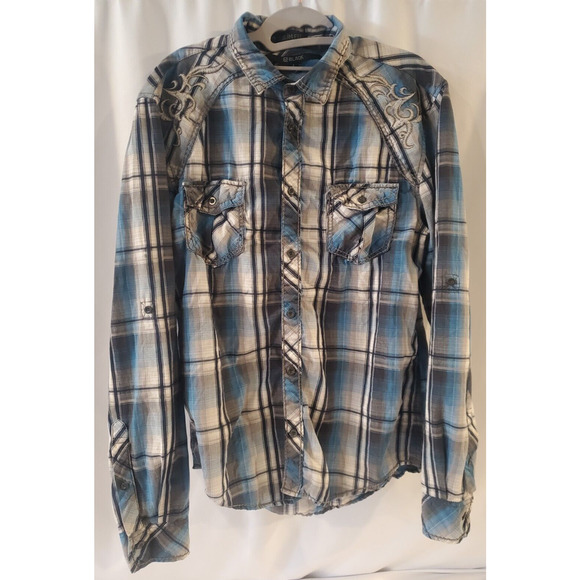 CJ Black Men's Size Large Button Up Plaid Shirt‎ Blue Gray Long Sleeve Slim Fit - Picture 15 of 15